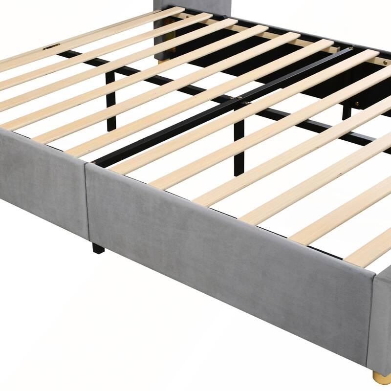 Queen Upholstered Platform Bed with Two Outlets and USB Charging Ports on Both Sides