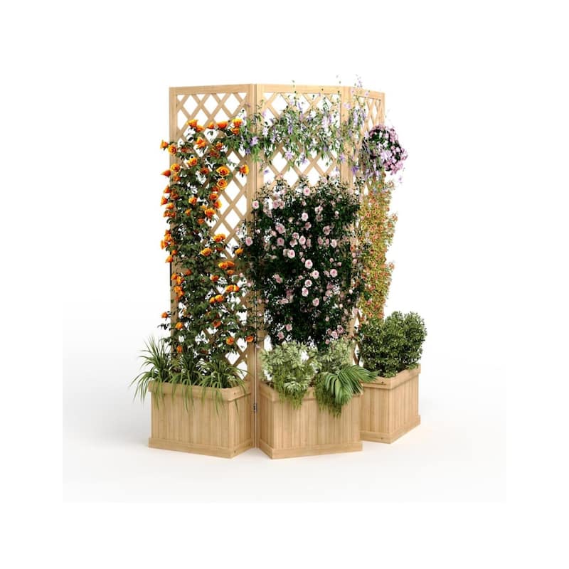 2-Panel Outdoor Privacy Screen with Planter Box and Trellis 41x10x65Inch Freestanding Garden Divider with Drain Holes - Three couplets