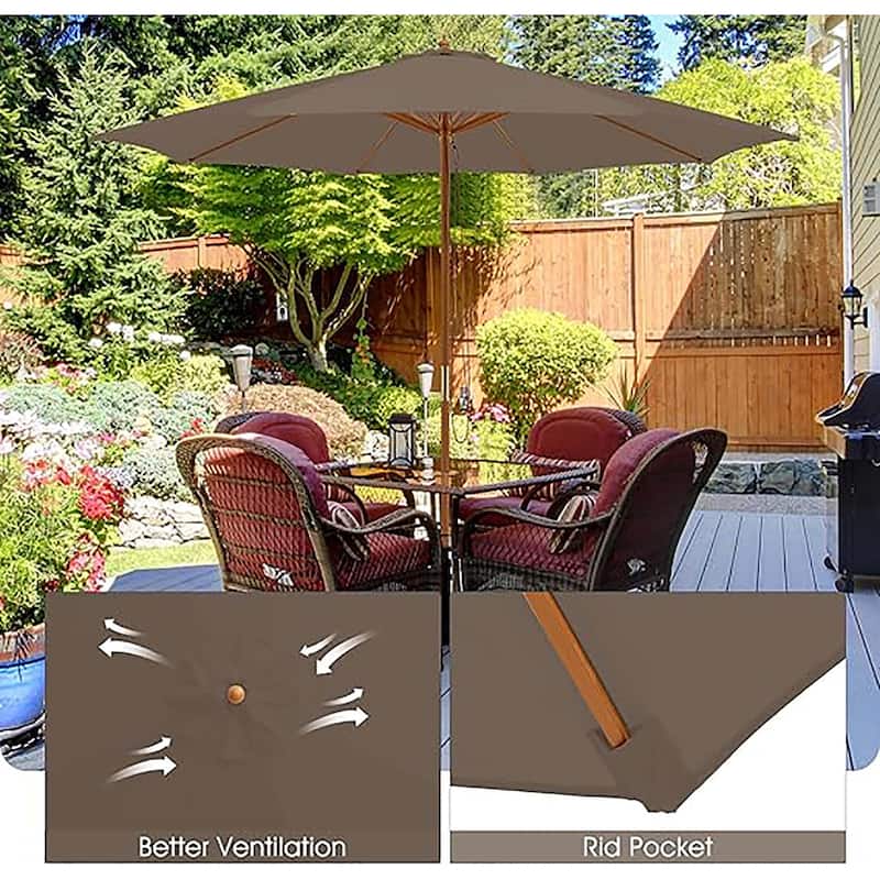 Gymax 10FT Wooden Market Table Umbrella Pulley Sunshade Canopy w/8