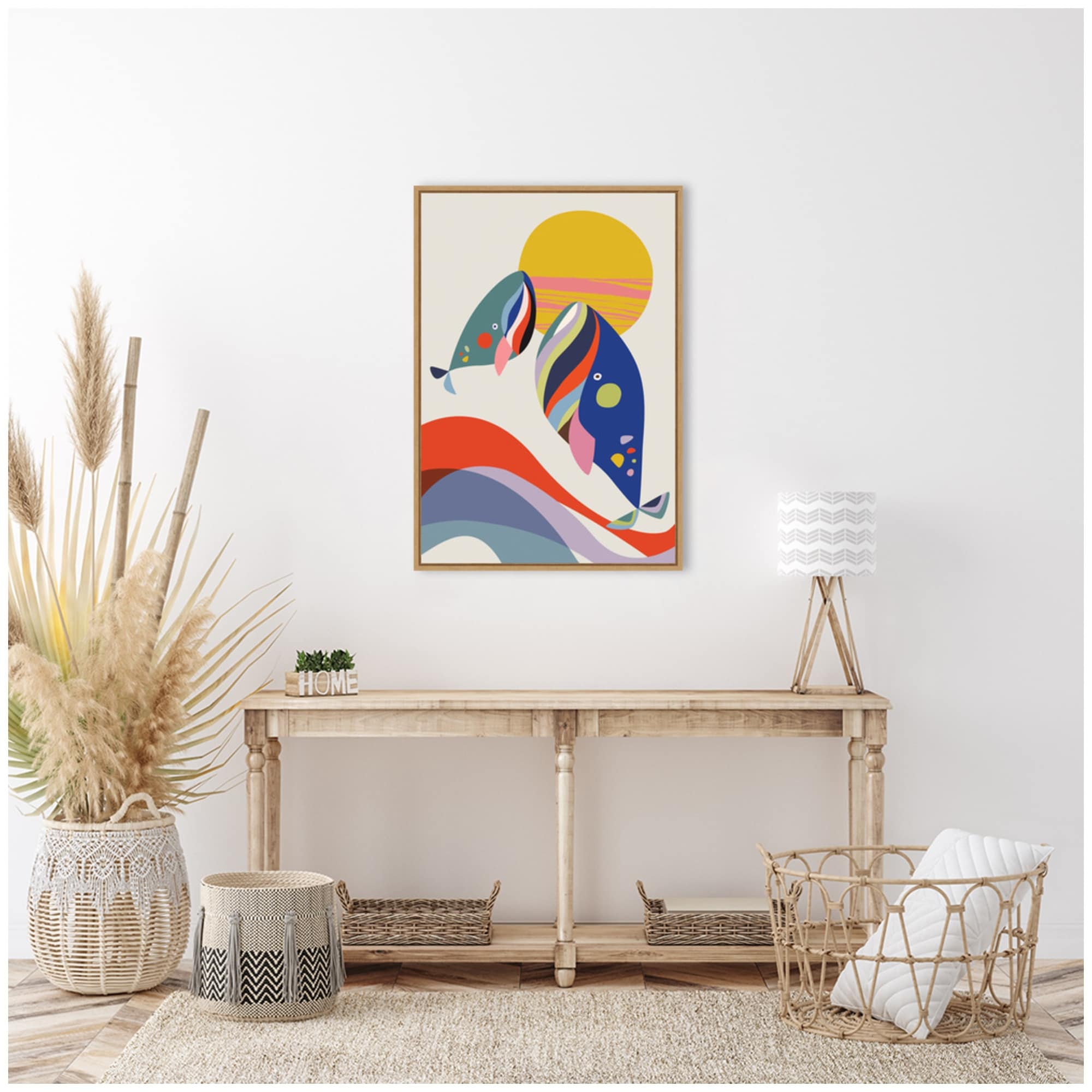 Kate and Laurel Sylvie Retro Coastal Mom and Baby Whales Framed Canvas by Rachel Lee