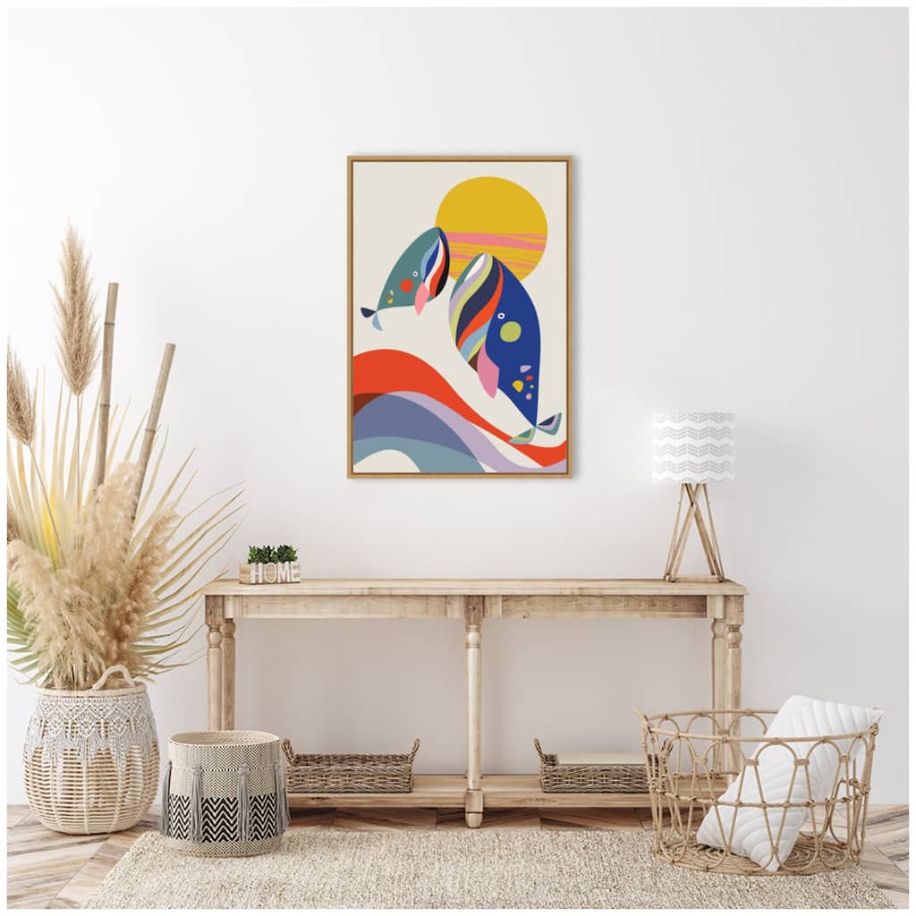 Kate and Laurel Sylvie Retro Coastal Mom and Baby Whales Framed Canvas by Rachel Lee