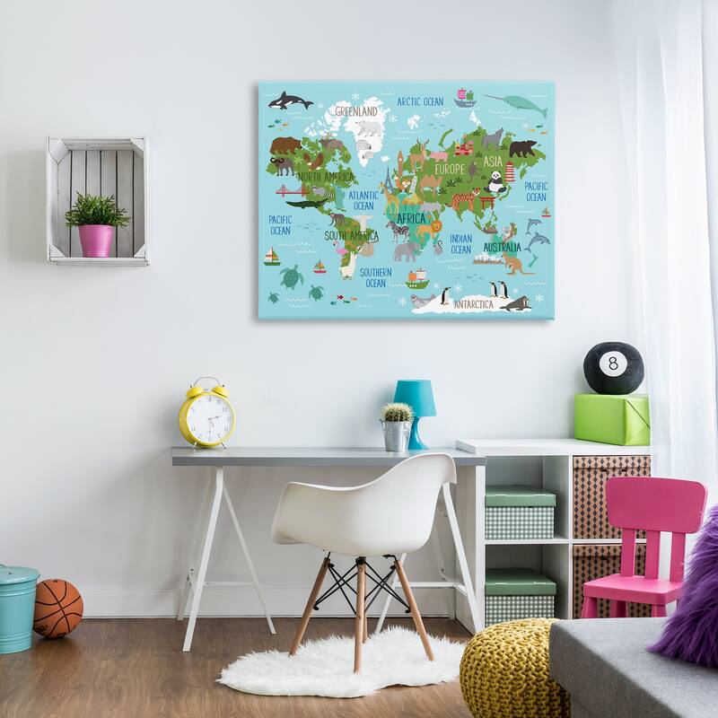 Stupell Kid's Animal World Map Favorite Regional Wildlife Canvas Wall Art - Blue