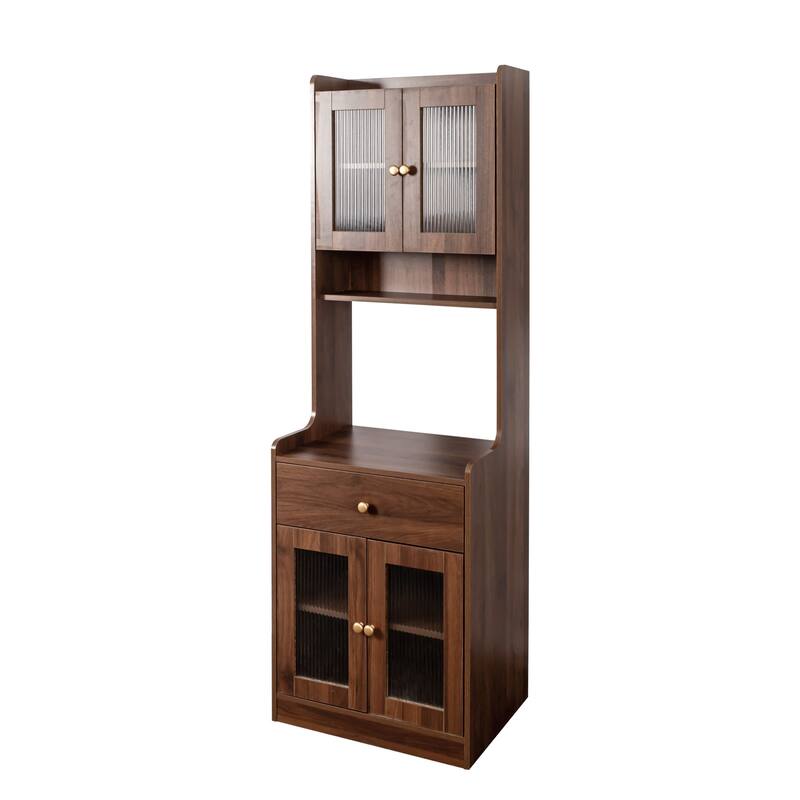 Roomfitters Kitchen Pantry Hutch Cabinet, Tall Farmhouse Buffet with Microwave Stand and Storage Shelves, Walnut Brown