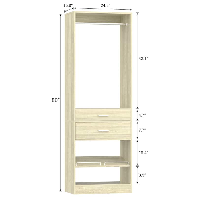 25'' W Freestanding Closet System with 2 Wooden Drawers and Adjustable Shoes Rack and Hanging Rod,Walk-in Closet Organizer