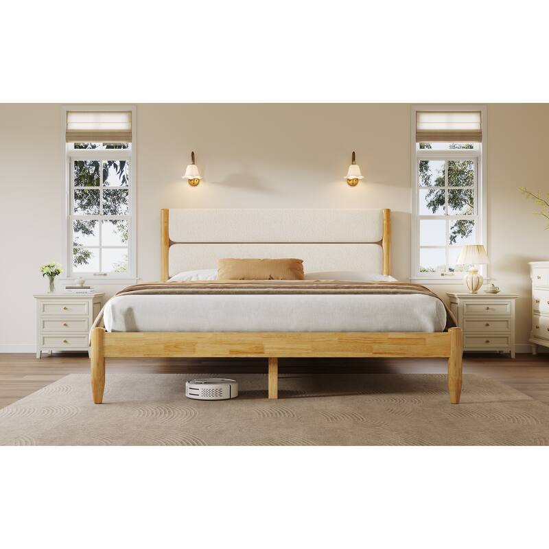 Queen Size Solid Wood Bed Frame with Upholstered Headboard, Ivory