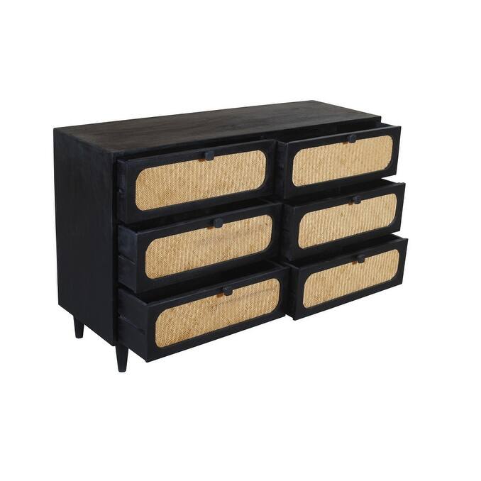 HomeRoots 56" Black And Natural Solid Wood And Rattan Six Drawer Double Dresser