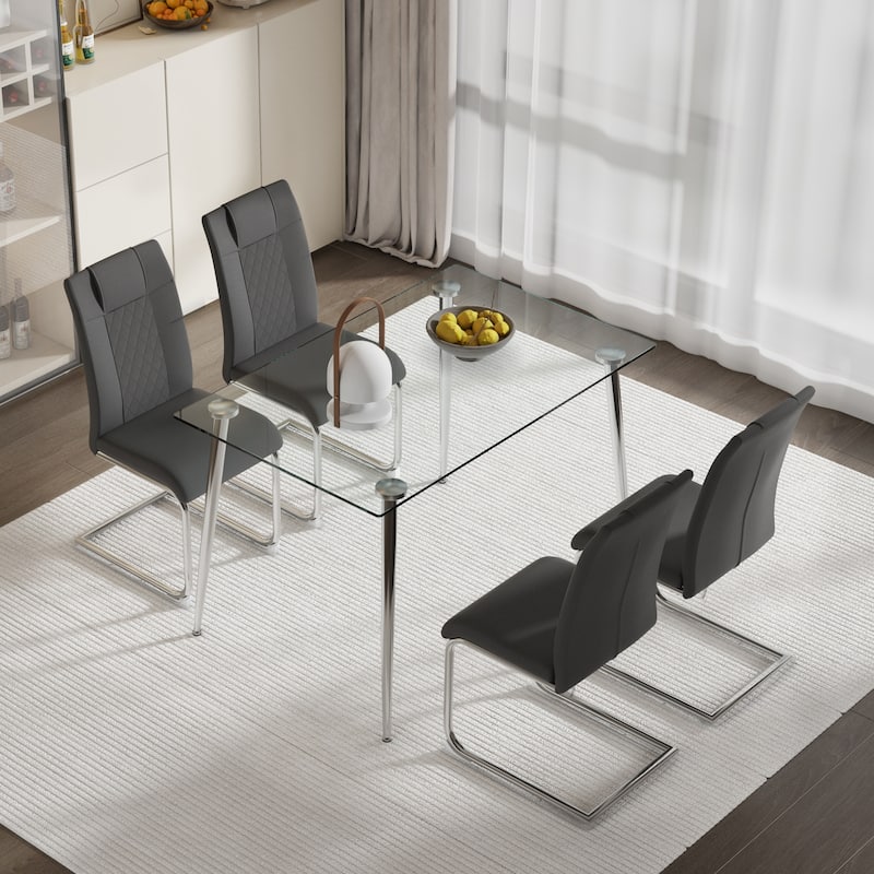 Modern Rectangular Dining Table Set for 4, 51" Glass Table with 4 Faux Leather Chairs, 5-Piece Stylish Dining Table & Chair Set - Grey,Transparent