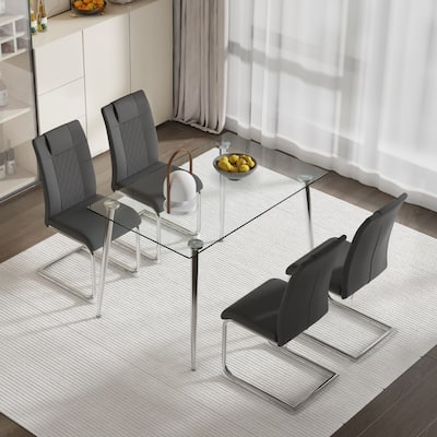 Modern Rectangular Dining Table Set for 4, 51" Glass Table with 4 Faux Leather Chairs, 5-Piece Stylish Dining Table & Chair Set