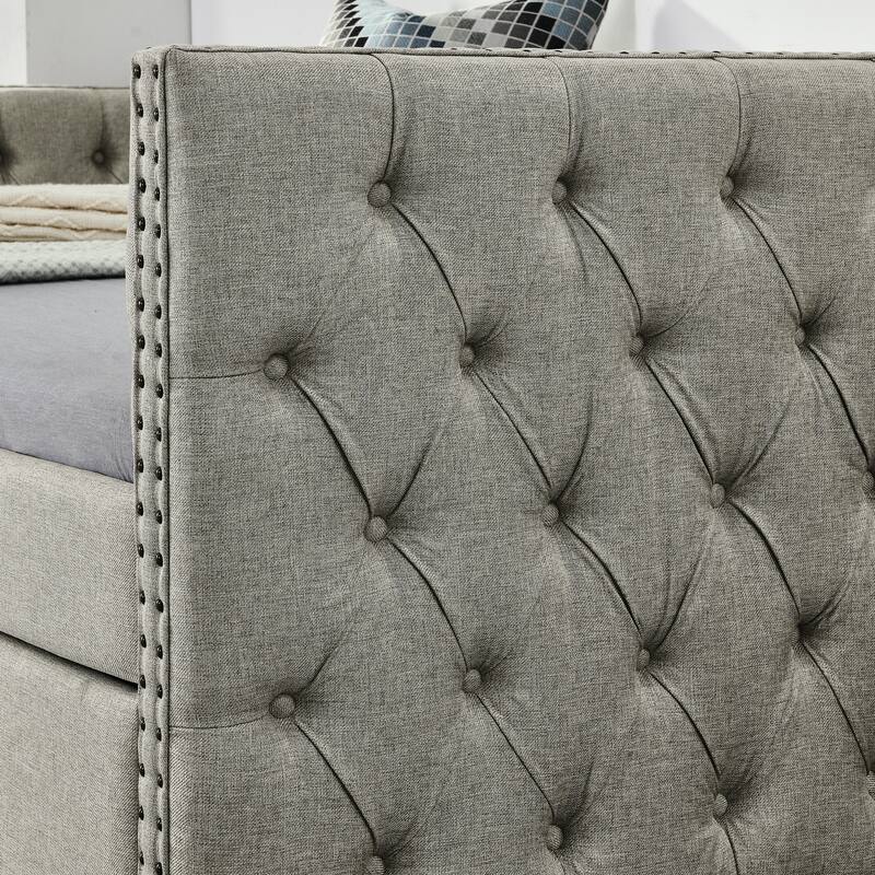 Tufted Daybed Upholstered Frame Sofa Bed with Button Copper Nail on Square Arms, and Pull-out Trundle Bed or Storage Drawers