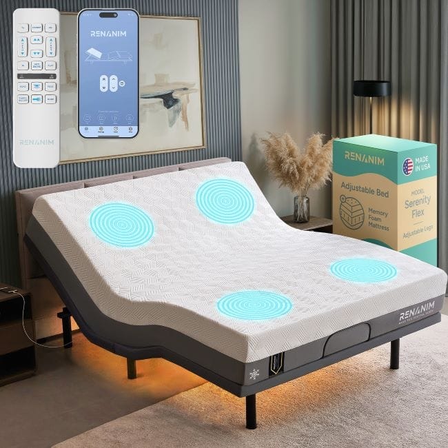 Renanim Adjustable Bed Frame with 14-inch Hybrid Mattress, Dual Massage, USB Ports, App Control, Underbed Light, Remote - King