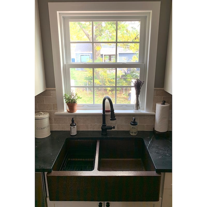 33-in Hammered Copper Apron Front 40/60 Double Basin Kitchen Sink (KA40DB33229)