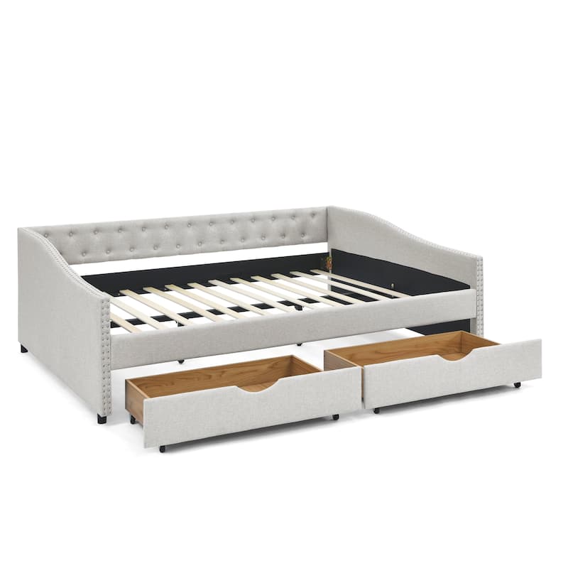 Queen Size Daybed with Drawers Upholstered Tufted Sofa Bed - Beige