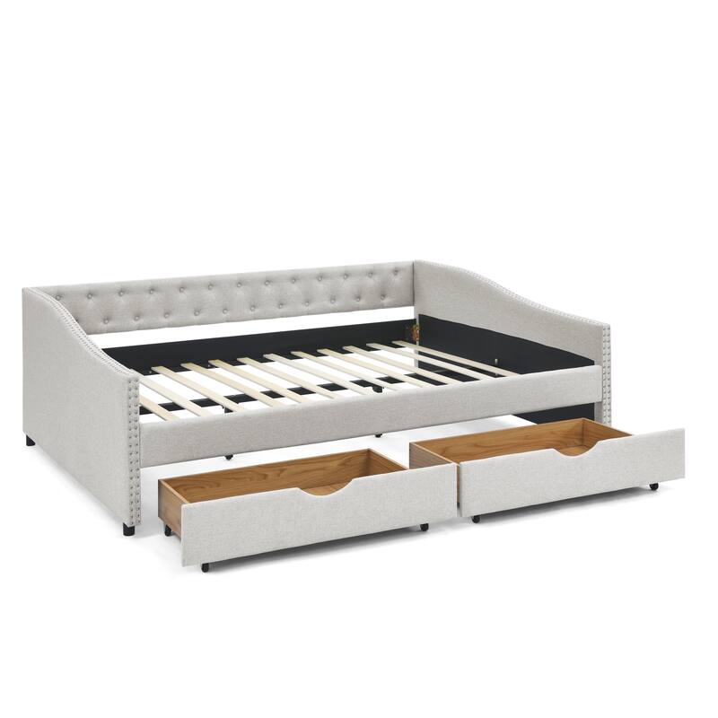 Roomfitters Twin/Full/Queen Upholstered Daybed with Tufted Backrest, Nailhead Trim and Underbed Storage Trundle