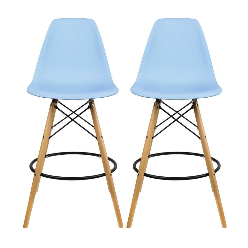 Set of 2 Modern 28" Color Seat Height DSW Molded Armless Plastic Counter Bar Stool Natural Wood Eiffel Dowel Legs Kitchen - Blue