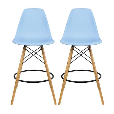 Set of 2 Modern 28" Color Seat Height DSW Molded Armless Plastic Counter Bar Stool Natural Wood Eiffel Dowel Legs Kitchen