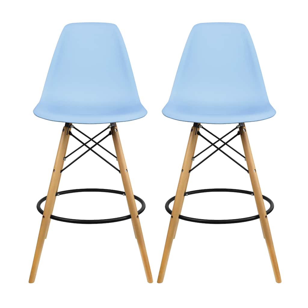 Set of 2 Modern 28" Color Seat Height DSW Molded Armless Plastic Counter Bar Stool Natural Wood Eiffel Dowel Legs Kitchen