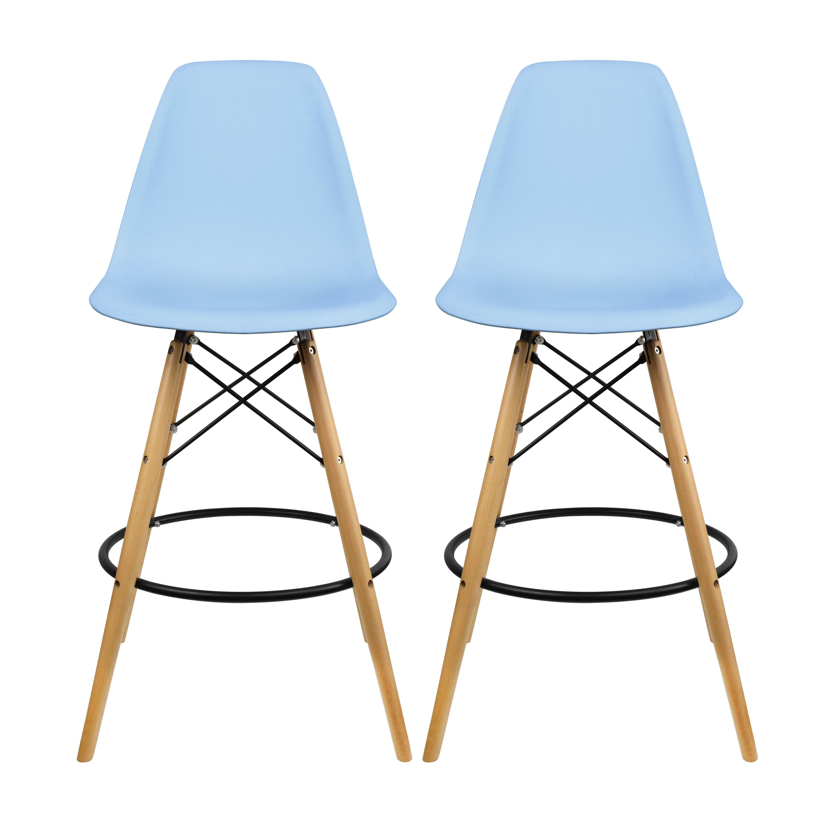 Set of 2 Modern 28" Color Seat Height DSW Molded Armless Plastic Counter Bar Stool Natural Wood Eiffel Dowel Legs Kitchen