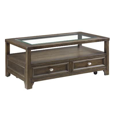 Berny Coffee Table, 2 Drawer and Glass Top, Charcoal Brown 46 Inch