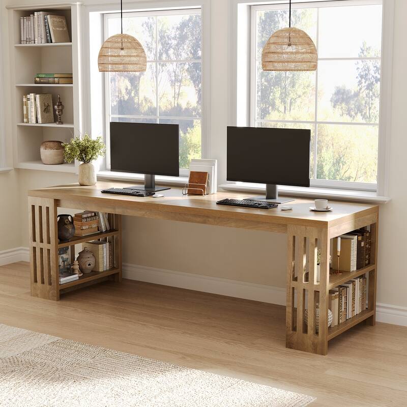 78.7" Two Person Desk with Bookshelf Double Office Desk - Brown