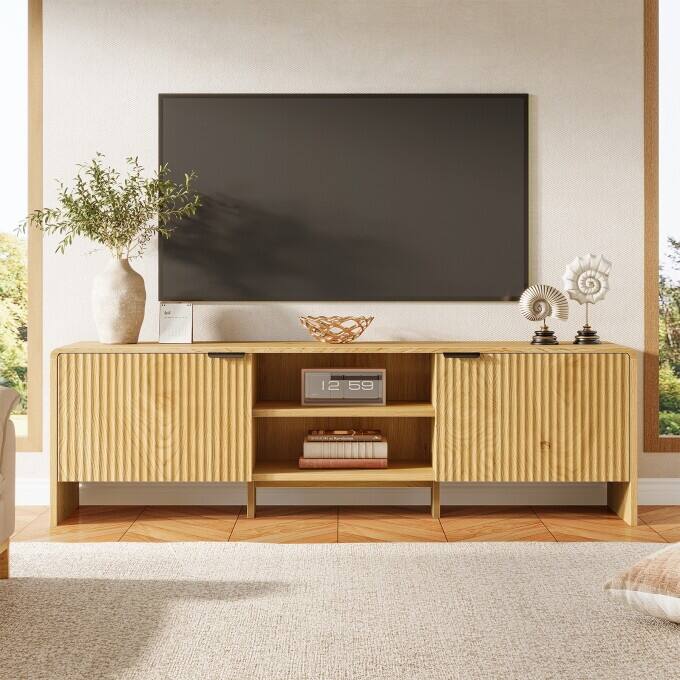 63" Modern TV Stand With Storage, Wooden Low Console Table