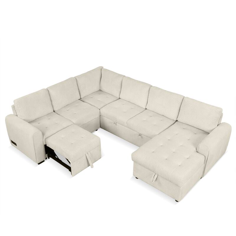 Convertible Sectional Sleeper Sofa with Pull Out Bed, Storage Chaise & Charging Devices, Oversized Corduroy U-Shaped Cloud Sofa