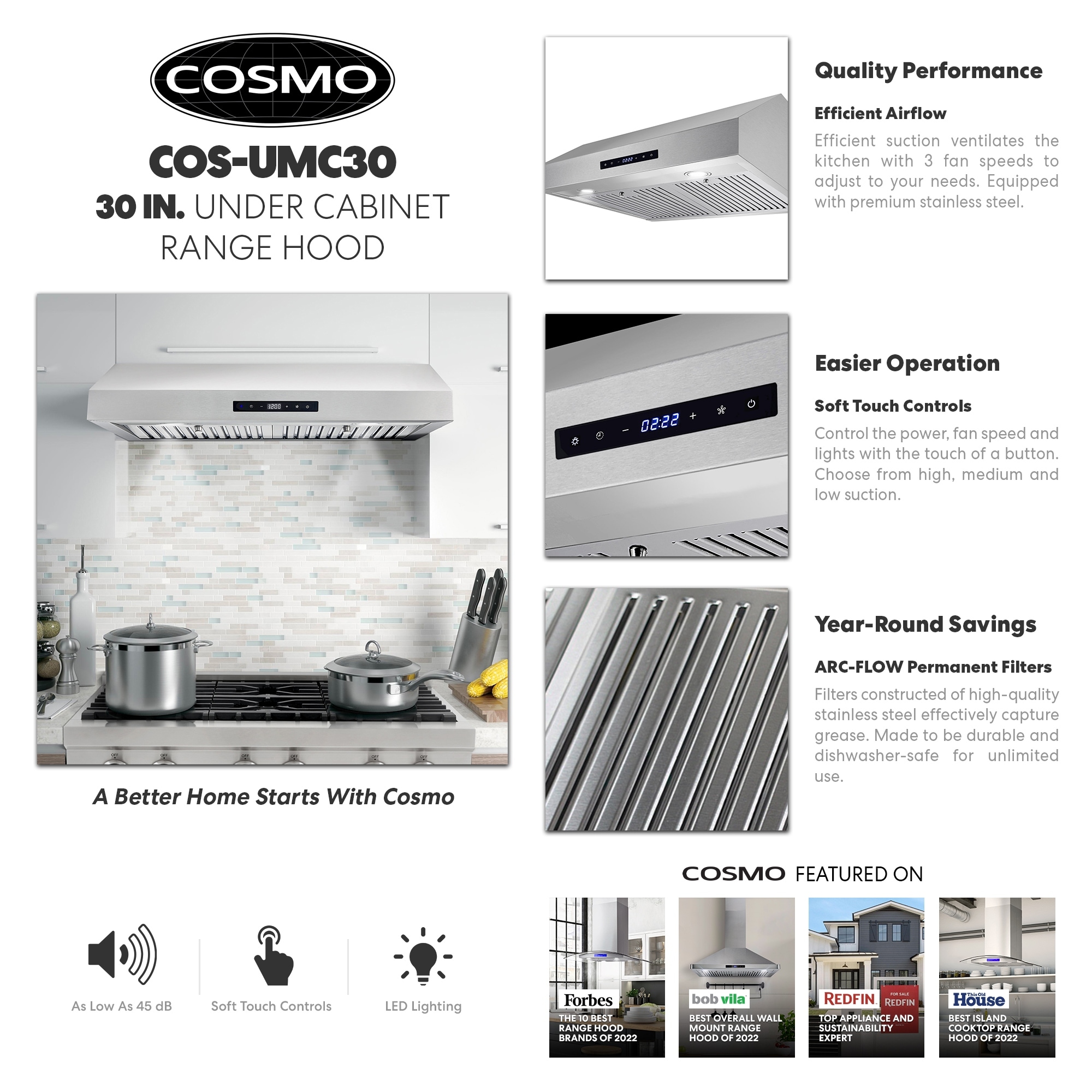 Cosmo UMC30 Stainless Steel Under Cabinet Range Hood 30