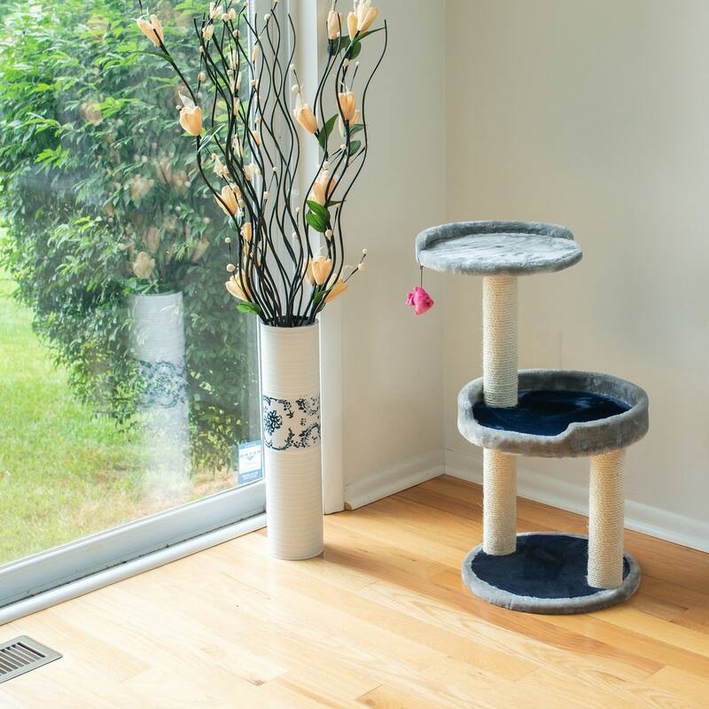 Three-Level Real Wood Compact Scratcher, Gray W Plush Perch - 16"(L)X16"(W)X30"(H)