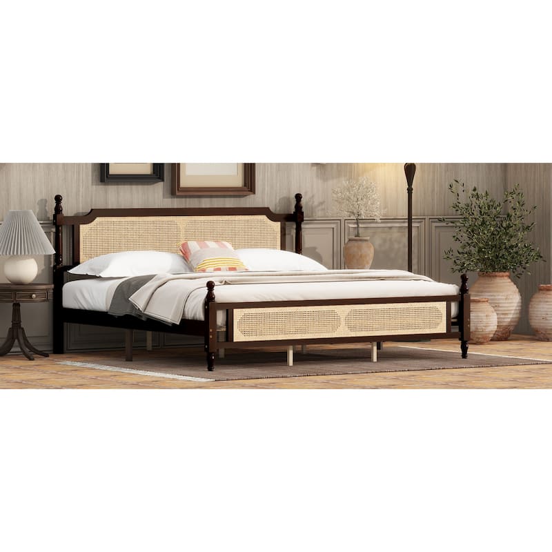 Roomfitters King Pine Wood Bed Frame with Rattan Headboard and Footboard, Central Reinforced Platform Support