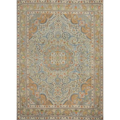 Hand Knotted Oriental 100% Wool Carpet Traditional Floral Greys & Charcoal Tabriz Area Rug - 12' 4'' X 10' 1''