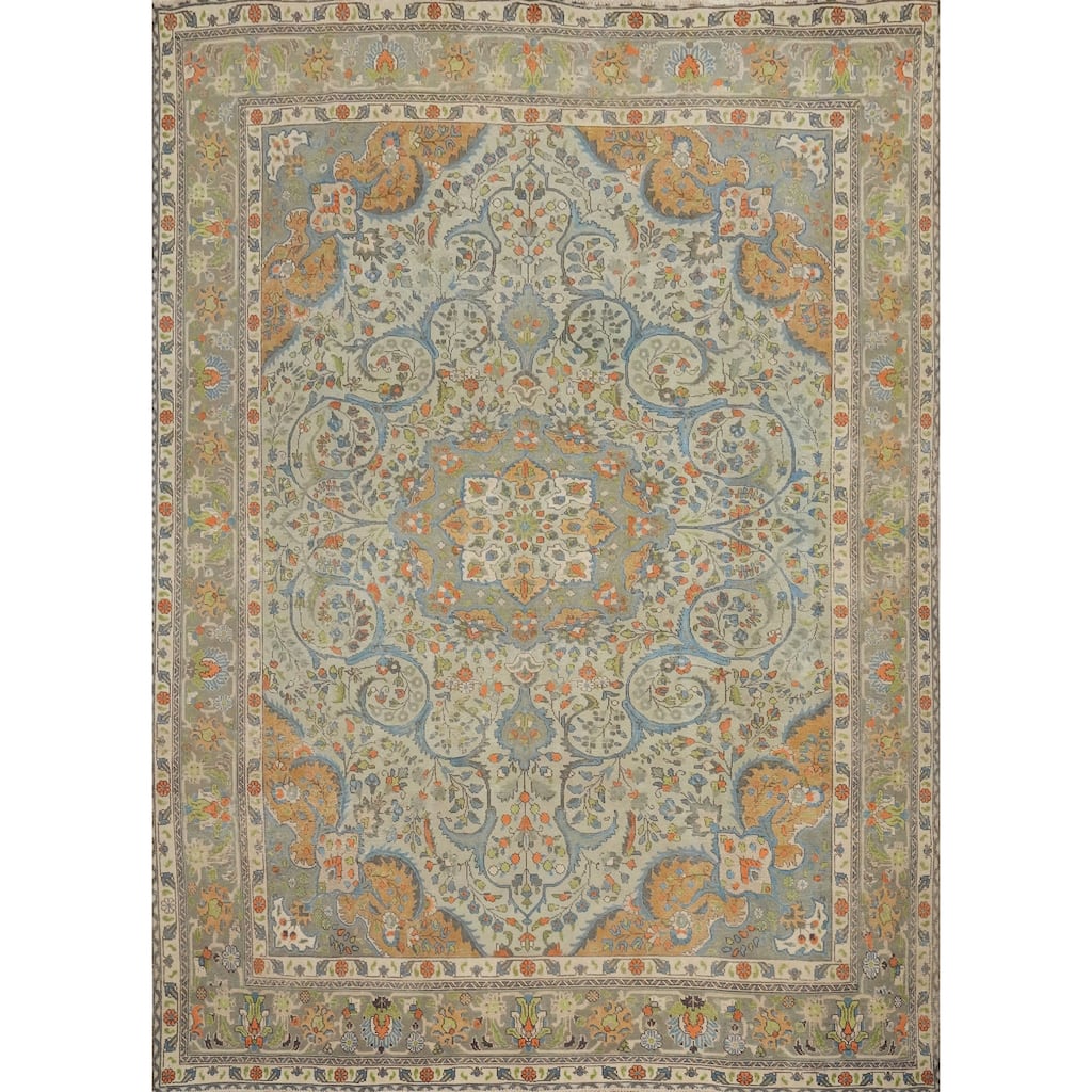 Hand Knotted Oriental 100% Wool Carpet Traditional Floral Greys & Charcoal Tabriz Area Rug - 12' 4'' X 10' 1''