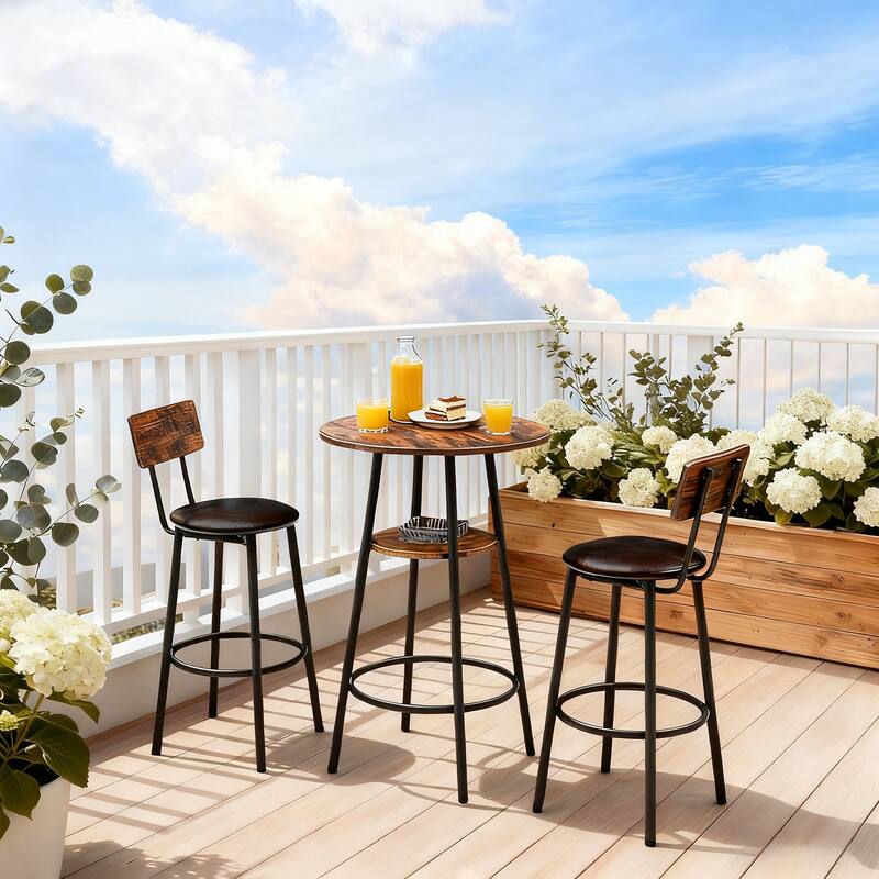 3 Pieces Round Bar Table and Chairs Set, Small Dining Table for 2 with 2-Tier Storage & 2 PU Upholstered Bar Stools