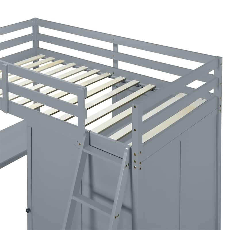 Merax Loft Bed with Wardrobe and Desk and Shelves