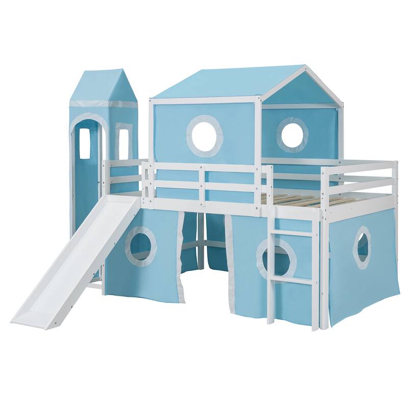 Solid Wood Loft House Bed with Slide Tent, Tower, Ladder, and Fence Baffle for Bedroom