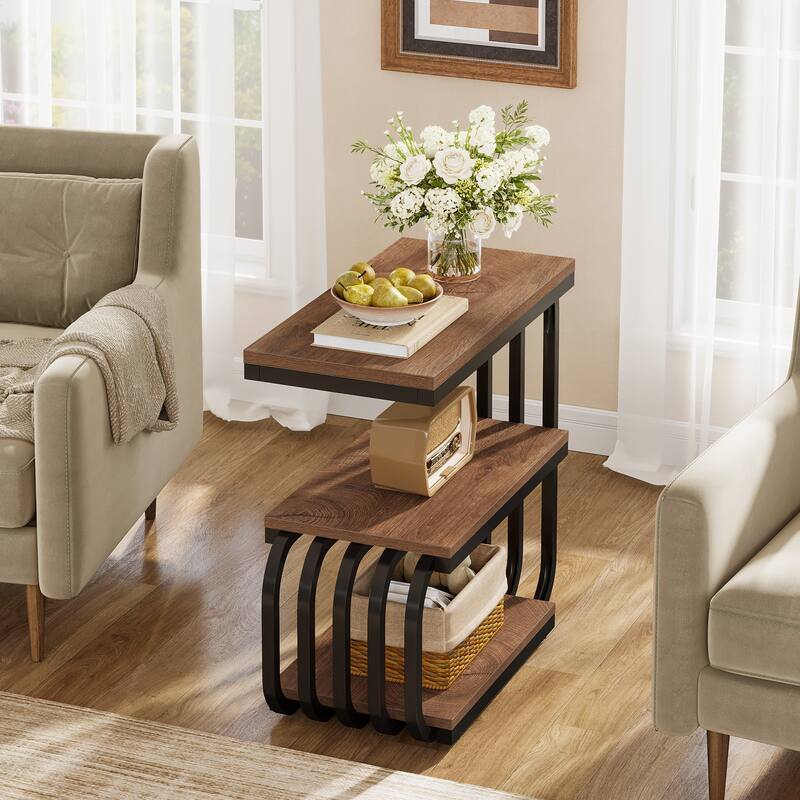Industrial 3-Tier Metal End Table, Narrow Nightstand for Small Spaces & Living Room