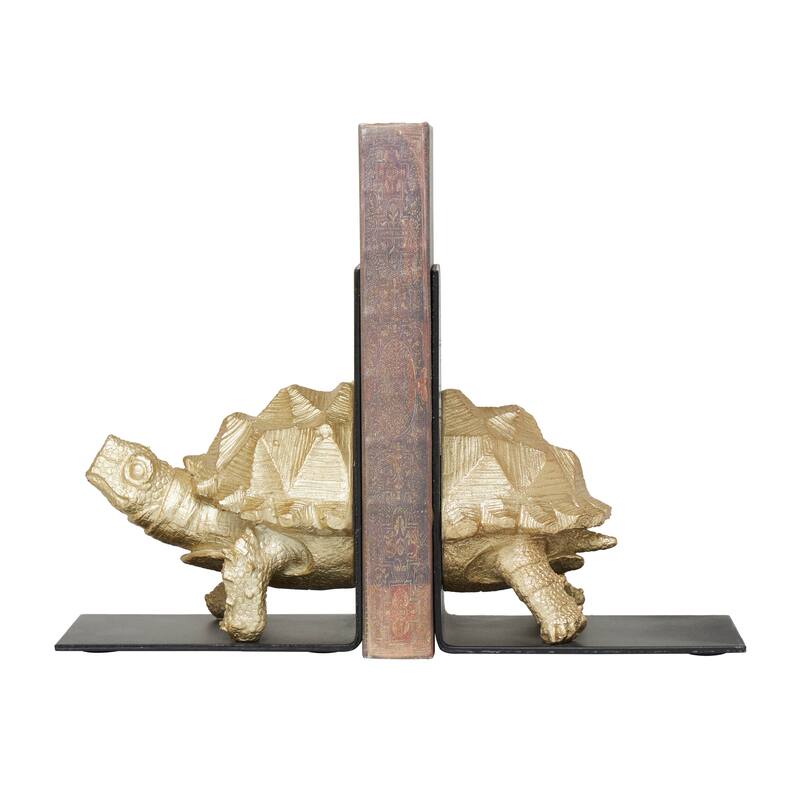 CosmoLiving by Cosmopolitan Brass Polystone Turtle Decorative Bookends with Black Stands (Set of 2)