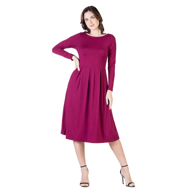 24seven Comfort Apparel Midi Length Fit N Flare Pocket Dress - Red - 1X