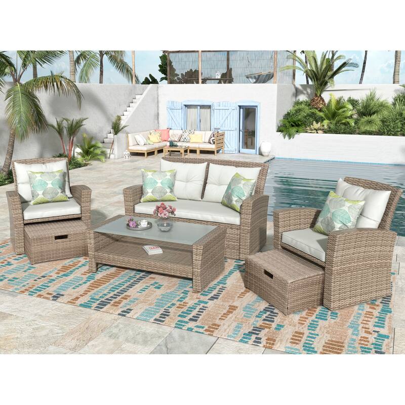 Outdoor 6-Piece Rattan Conversation Sofa Set with Glass Table & Ottoman