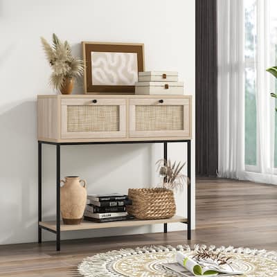 Rattan Console Table w/ 2 Rattan Drawers & Shelf Metal Legs Oak