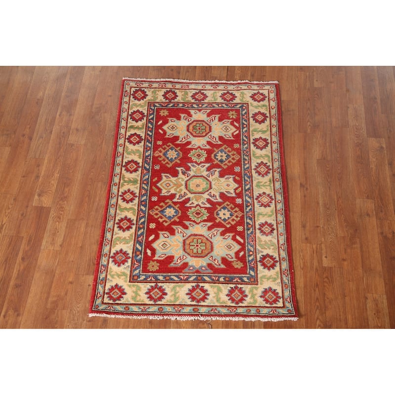 Kazak Accent Rug Hand-Knotted Red Geometric Wool Carpet - 2'9" x 4'1"