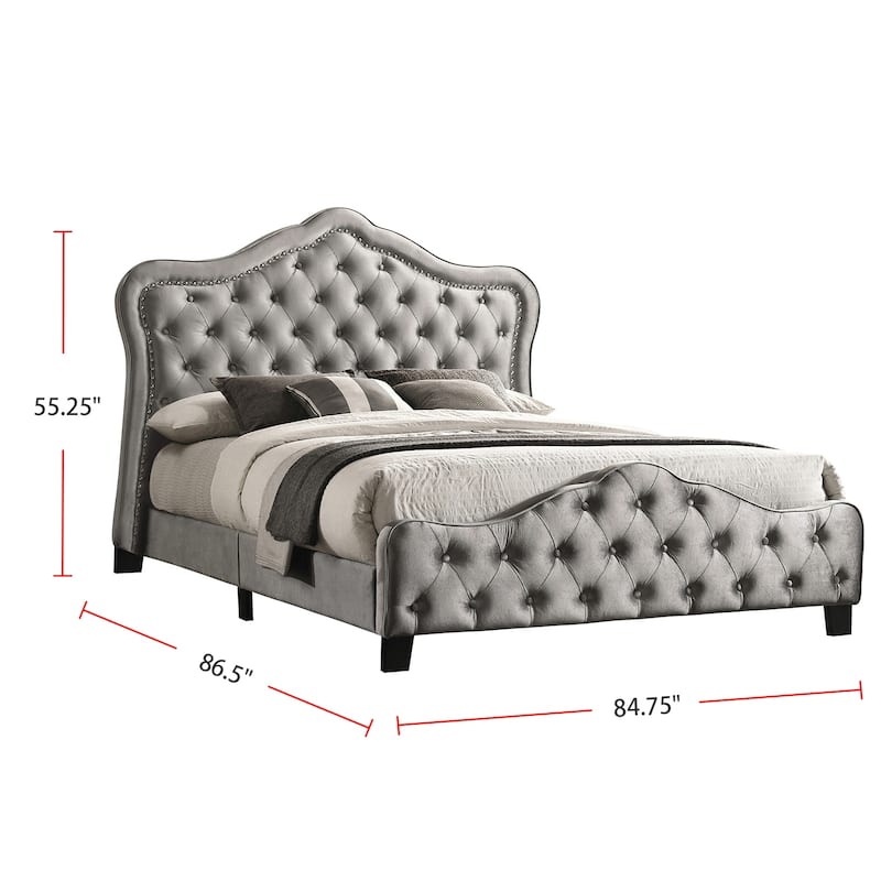 Upholstered Tufted Bed with Nailheads in Grey