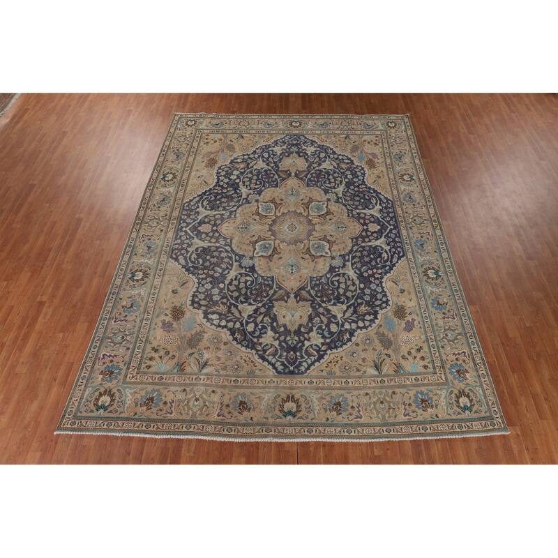 Blue Tabriz Persian Vintage Area Rug Hand-Knotted Wool Carpet - 9'11" x 13'2"