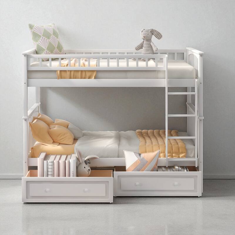 Twin Over Twin Convertible Bunk Bed with Storage Drawers, Fence Guardrail, Solid Wood Frame, No Box Spring Needed