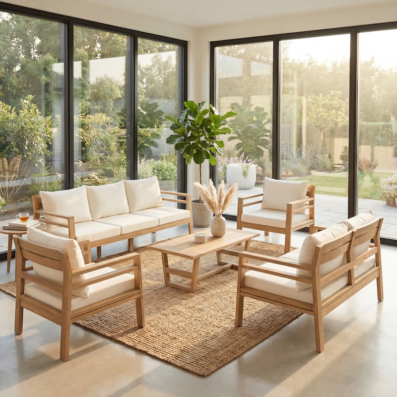 Christopher Knight Home - Outdoor 5-Piece Wooden Patio Conversation Set with Cushions and Coffee Table - Beige+Light Teak