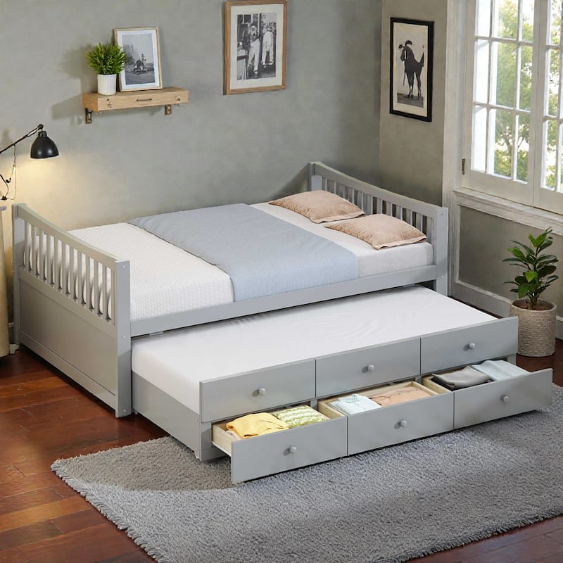 Daybed with Trundle and 3 Drawers, Solid Wood Twin/Full Daybed with Storage, Space-Saving Guest Bed