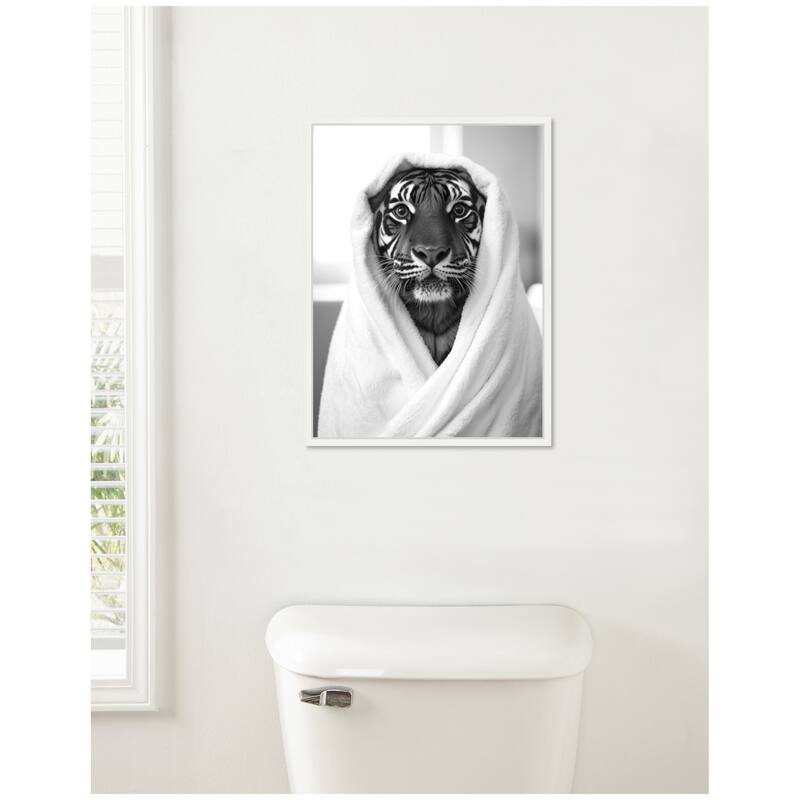 Kate and Laurel Sylvie Tiger Bathroom Art Towel Robe Black and White Framed Canvas by The Creative Bunch Studio