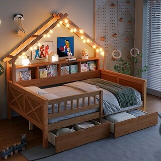Modern Full Size House Bed Frame with LED Light and Guardrail, Wood Kids Storage Platform Bed with Shelves and Drawers