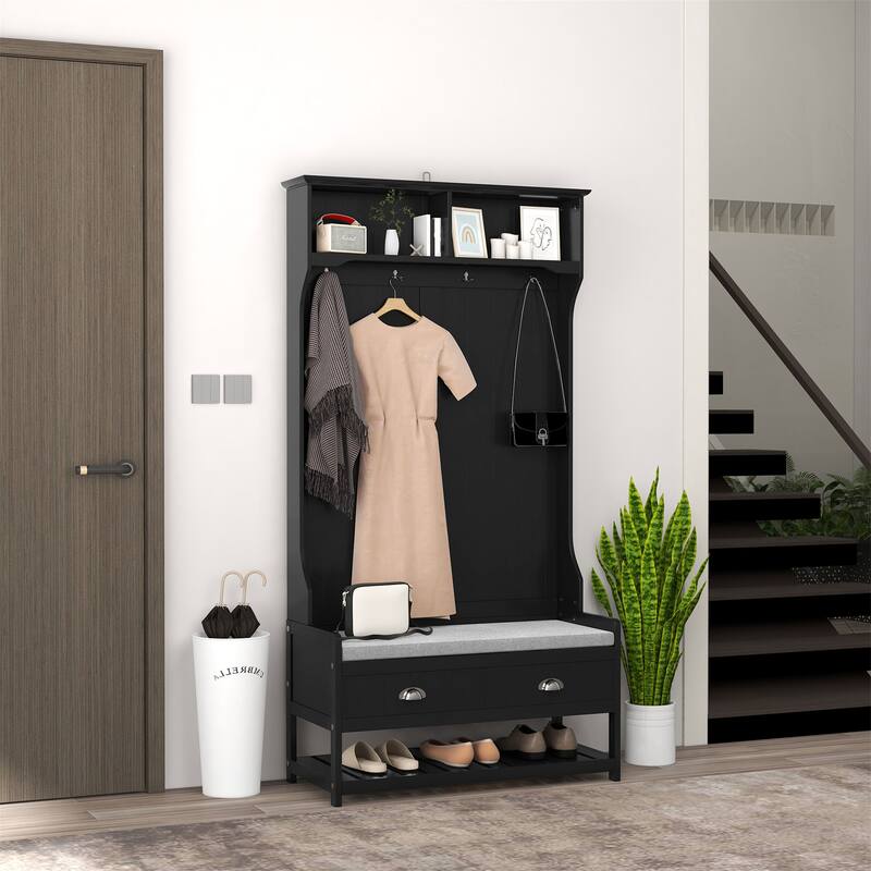 3-in-1 Hall Tree, Entryway Bench with Coat Rack - Black