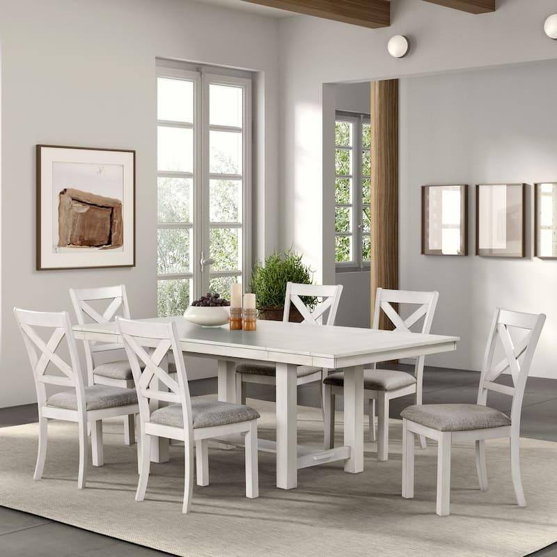 Furniture of America Hesnly Farmhouse Rustic White Oak 7-Piece Wood Extendable Dining Set - Rustic White Oak