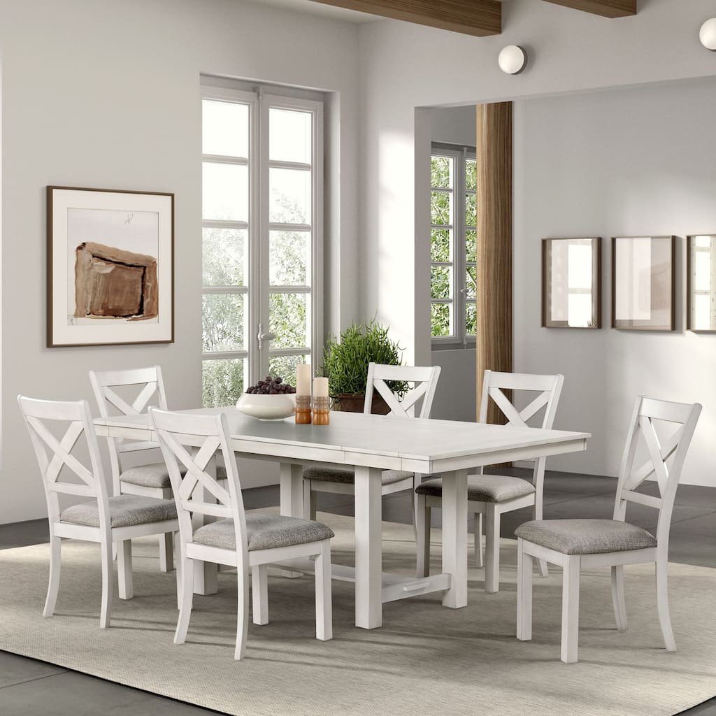Furniture of America Hesnly Farmhouse Rustic White Oak 7-Piece Wood Extendable Dining Set