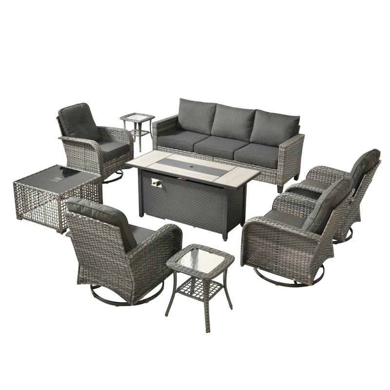 HOOOWOOO 9-piece Grey Wicker Outdoor Fire pit Set with Swivel Chairs